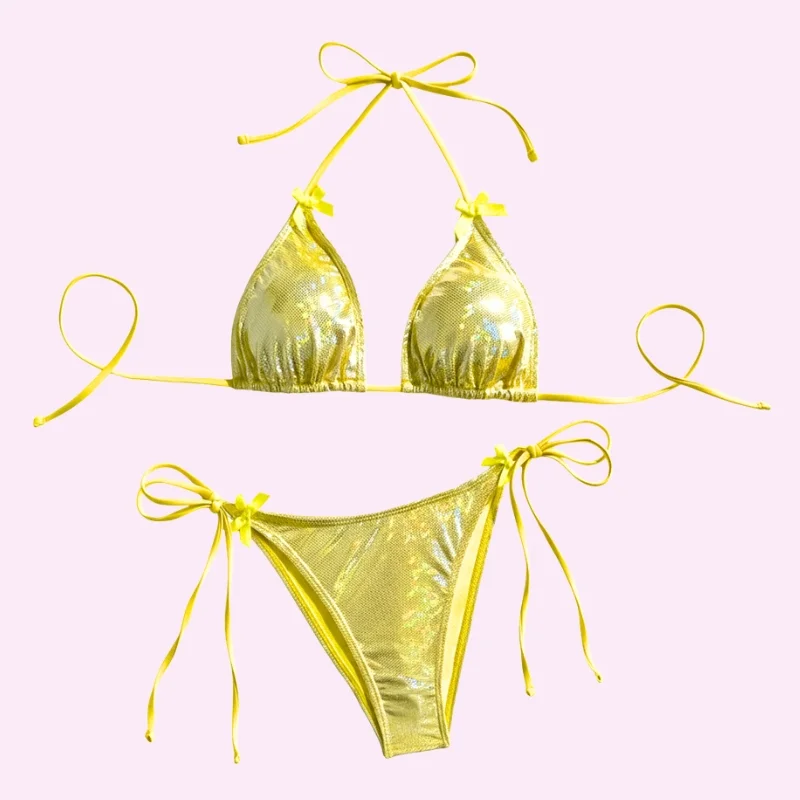Yellow Shimmer Triangle Bikini Set with Tie Side Bottoms swimwear for women